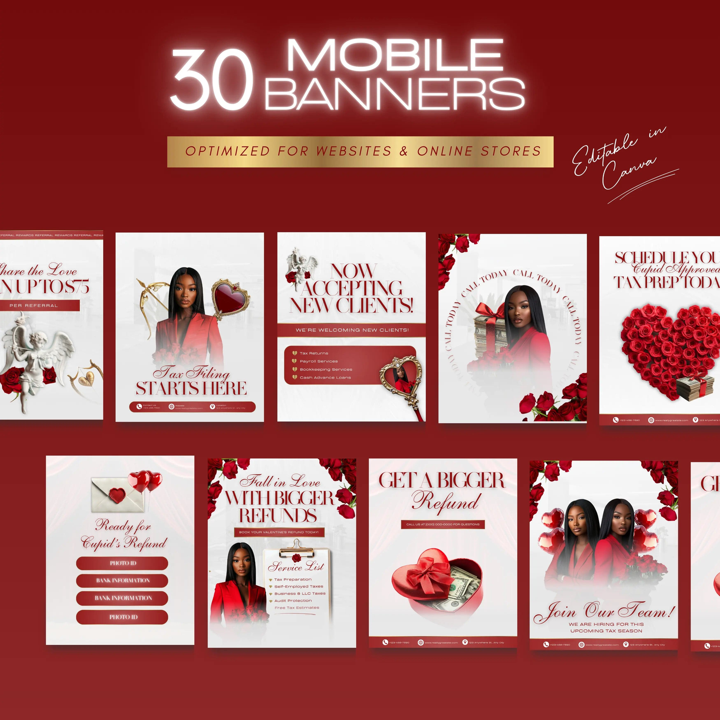 Valentine Tax Prep Banners Canva Templates | Professional Red and Gold Accountant Web Banners