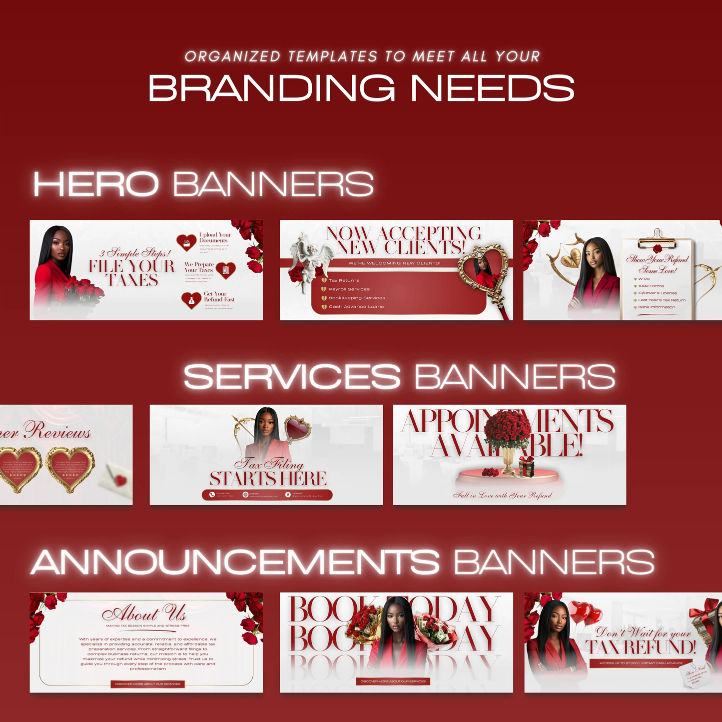 Valentine Tax Prep Banners Canva Templates | Professional Red and Gold Accountant Web Banners