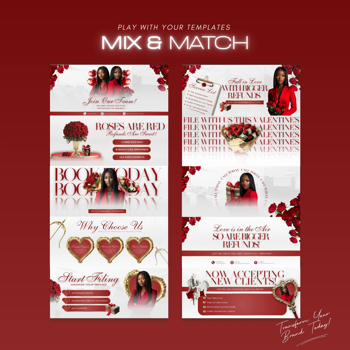 Valentine Tax Prep Banners Canva Templates | Professional Red and Gold Accountant Web Banners