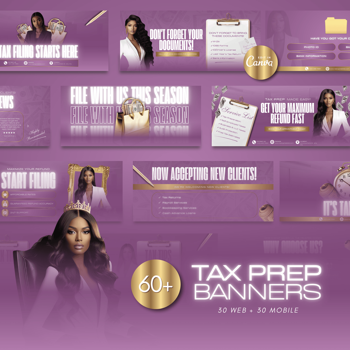 60 Plum Noir Luxury Tax Prep Banners | Burgundy & Gold Accountant Marketing