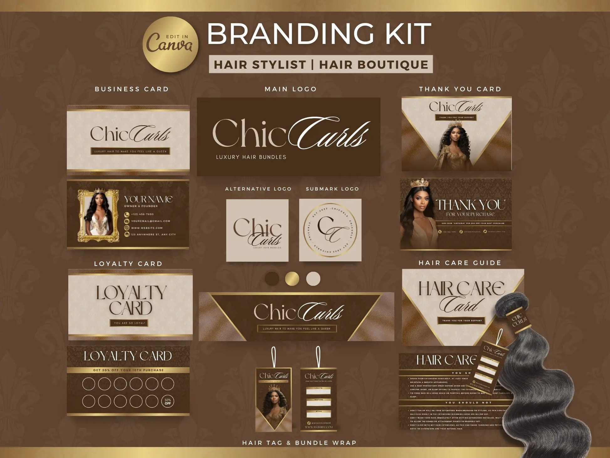 Brown & Gold Luxury Hair Branding Kit - Shaima Studio
