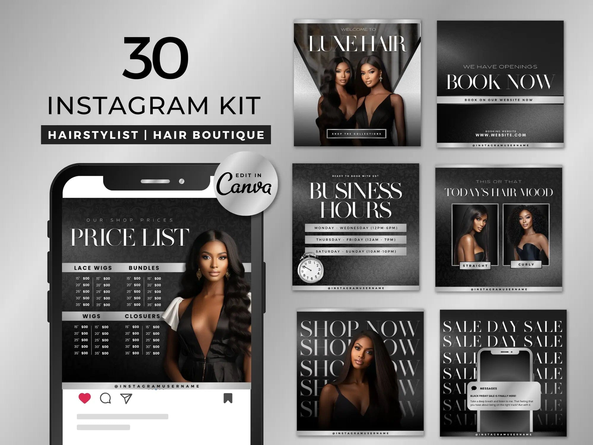 Silver & Black Hair Instagram Kit - Shaima Studio