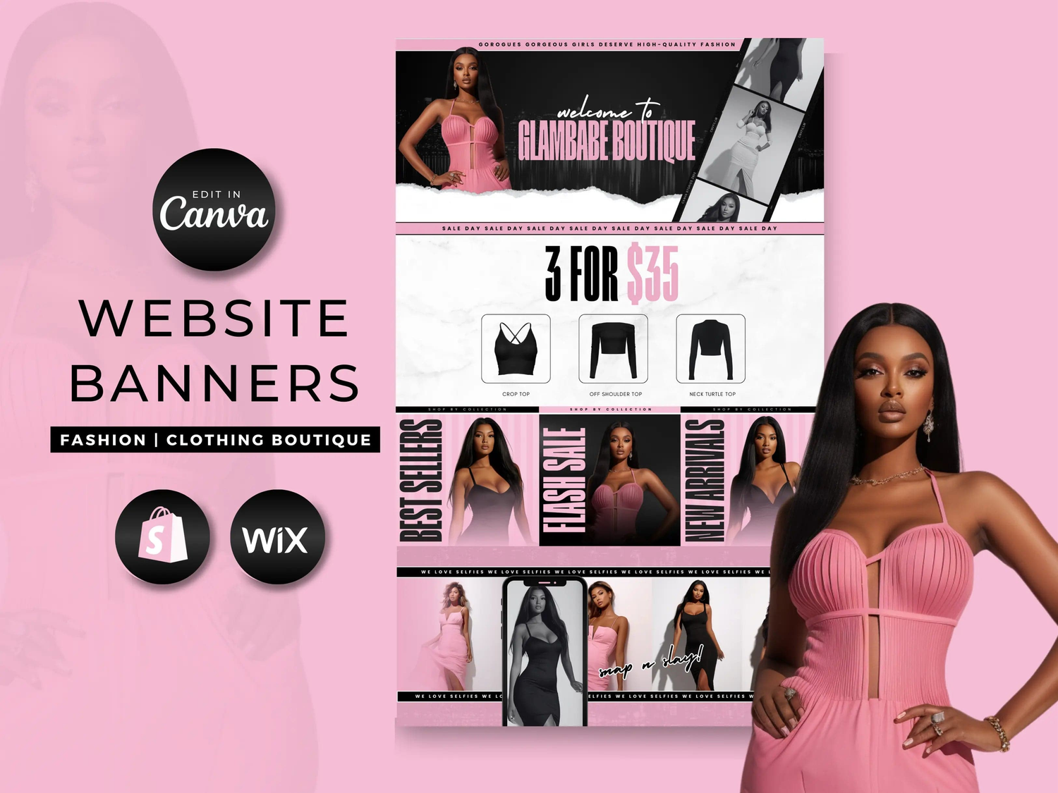 Pink & Black Feminine Fashion Website Banners Template