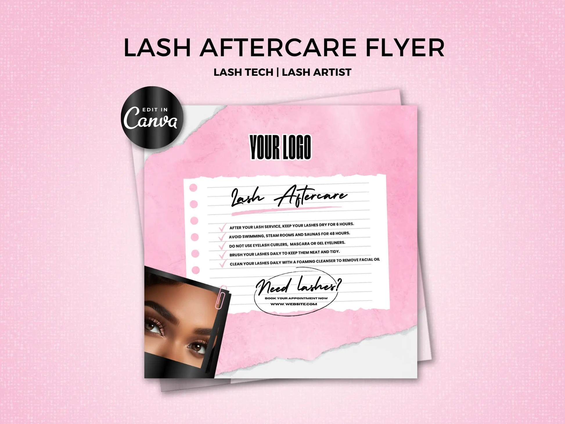 Pink Lash Extension Aftercare Template Flyer - Shaima Studio