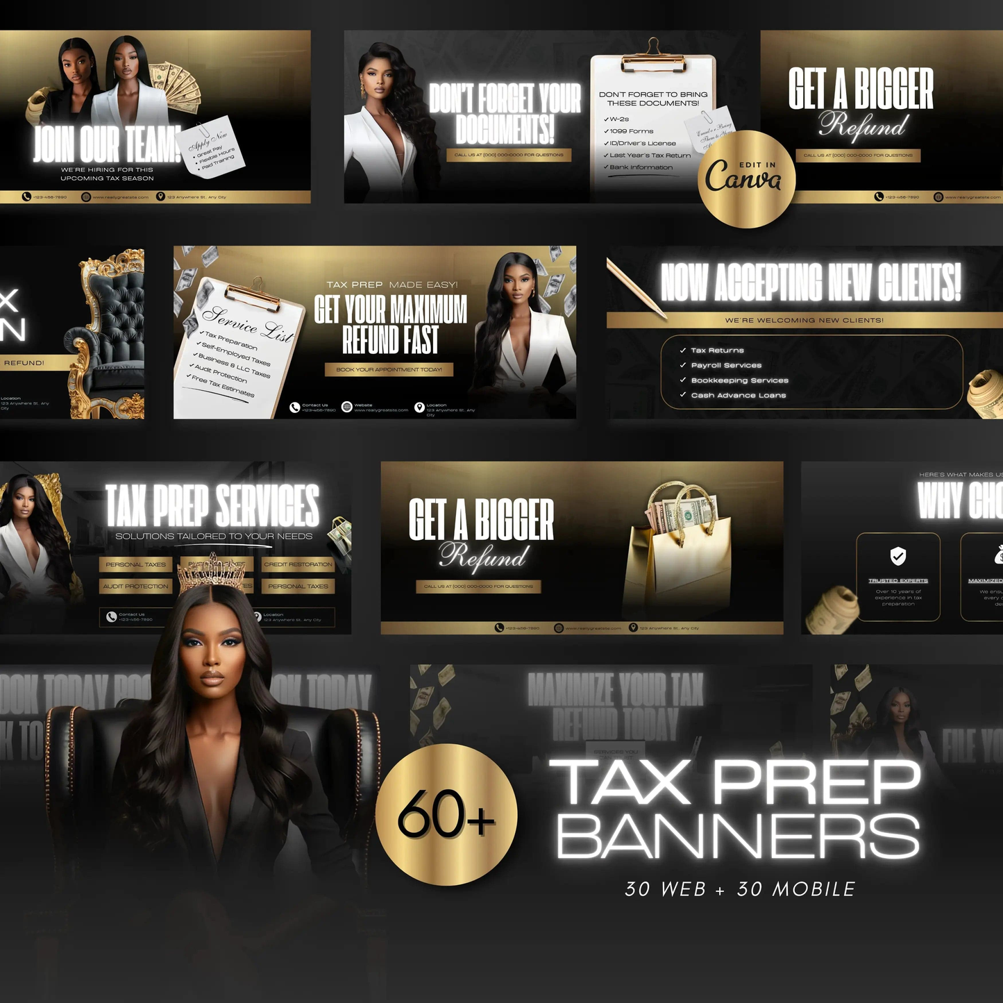 60 Black and Gold Professional Tax Prep Banners Canva Templates | Elite Accountant Web Banners