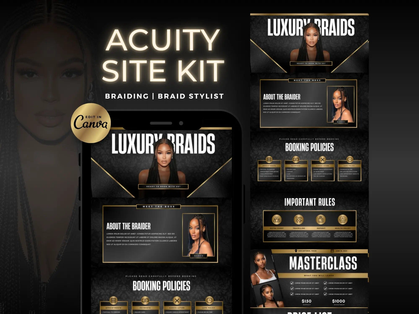 Black & Gold Braiding Acuity Scheduling Site - Shaima Studio