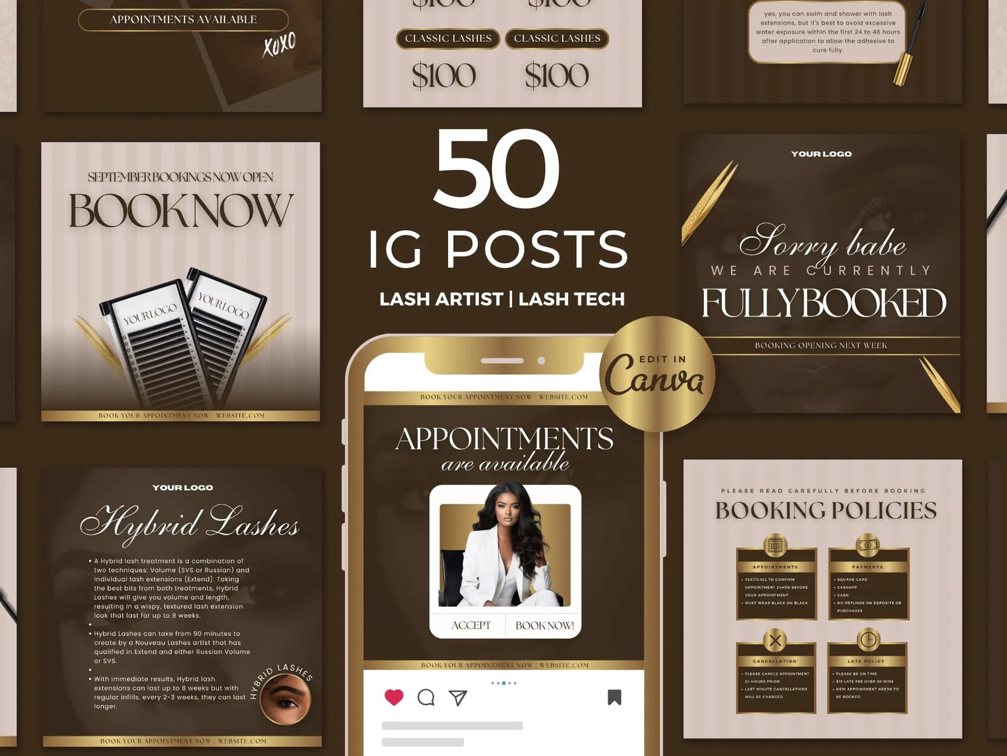 Brown & Gold Lash Tech Instagram Kit - Shaima Studio