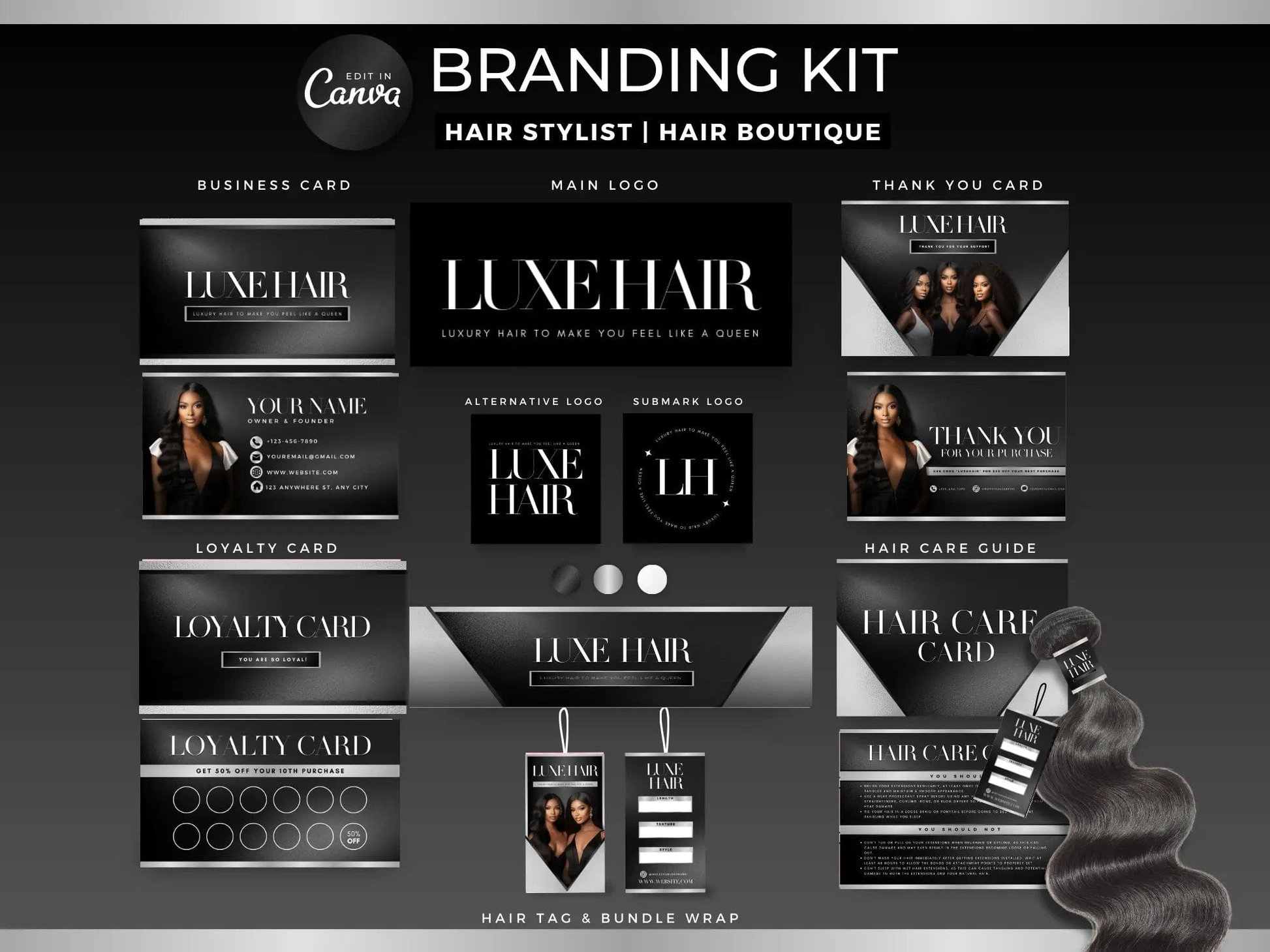 Black & Silver Luxury Hair Branding Kit - Shaima Studio