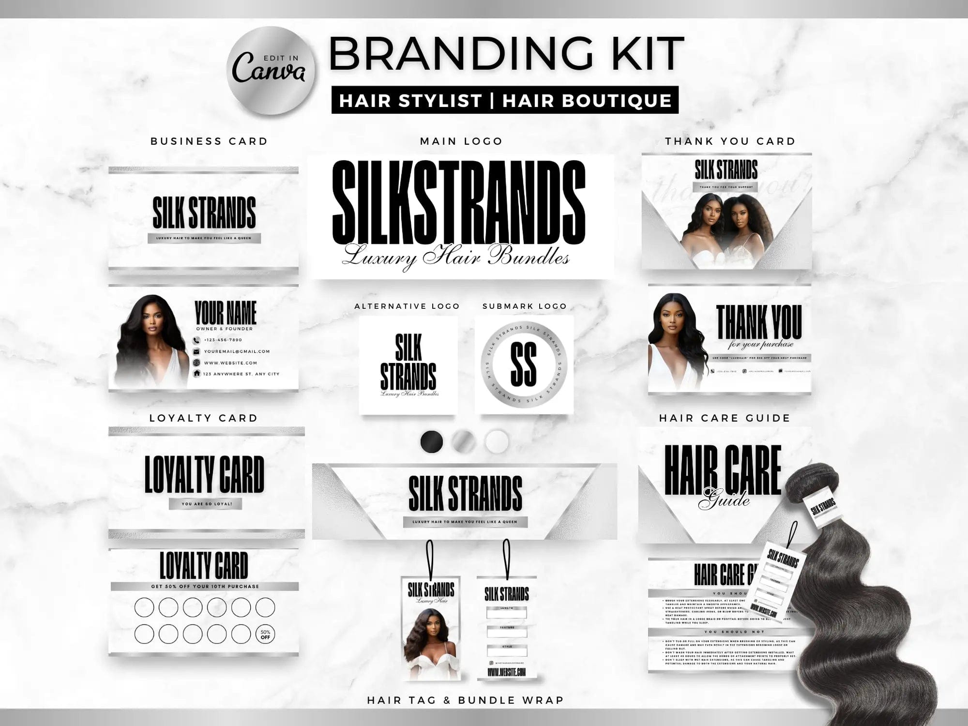 Silver & White Luxury Hair Branding Kit - Shaima Studio