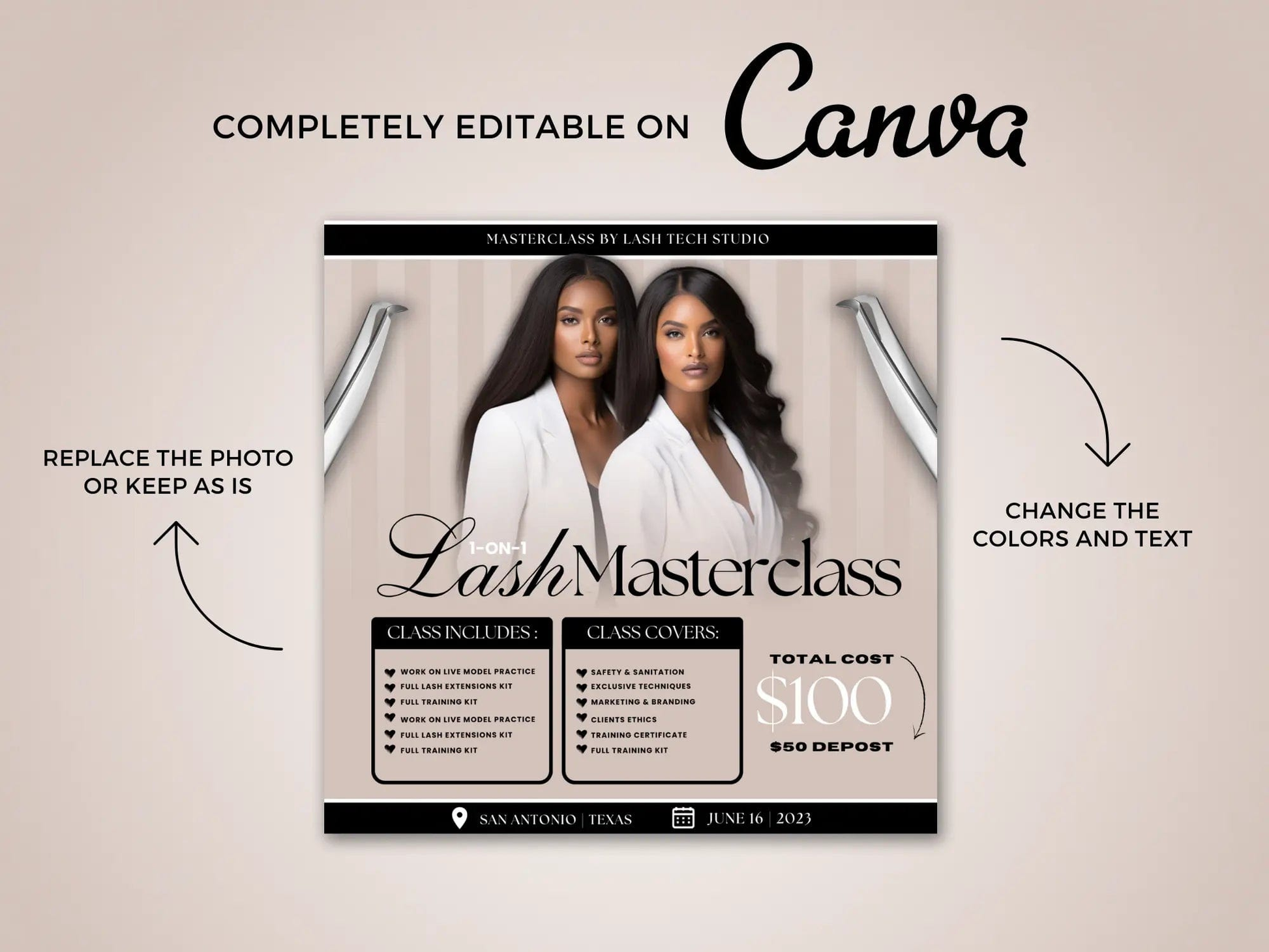 Beige Lash Class Flyer Editable on Canva