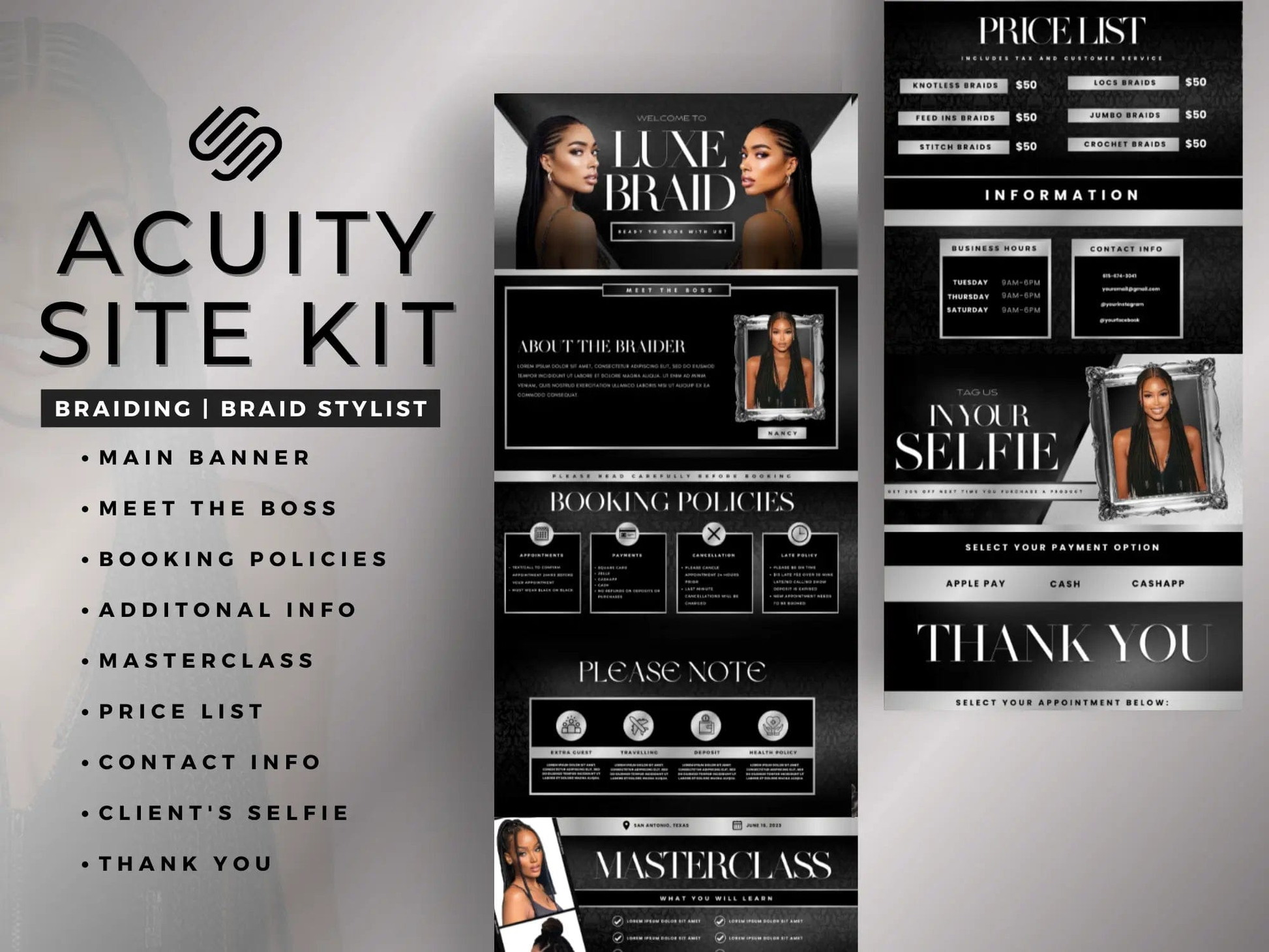 Silver & Black Braiding Acuity Scheduling Site - Shaima Studio