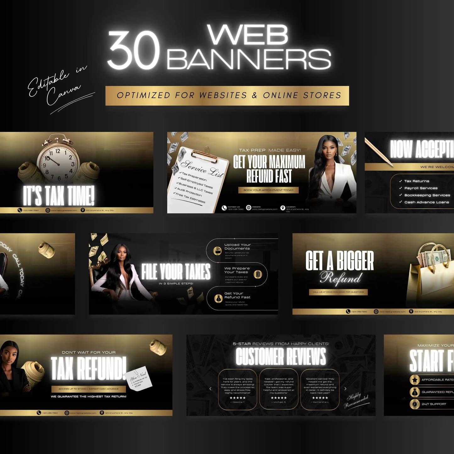 60 Black and Gold Professional Tax Prep Banners Canva Templates | Elite Accountant Web Banners