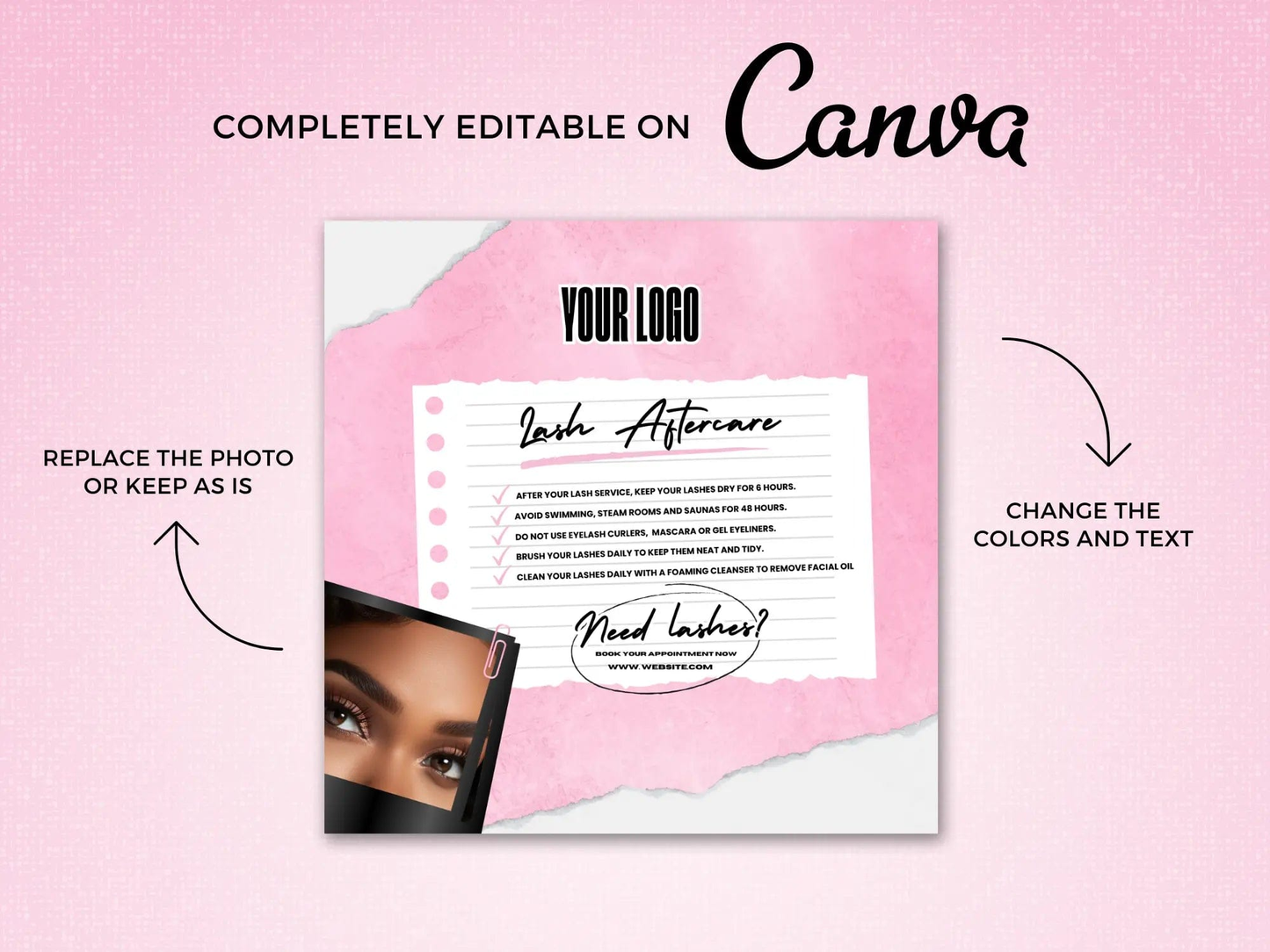 Pink Lash Extension Aftercare Template Flyer - Shaima Studio