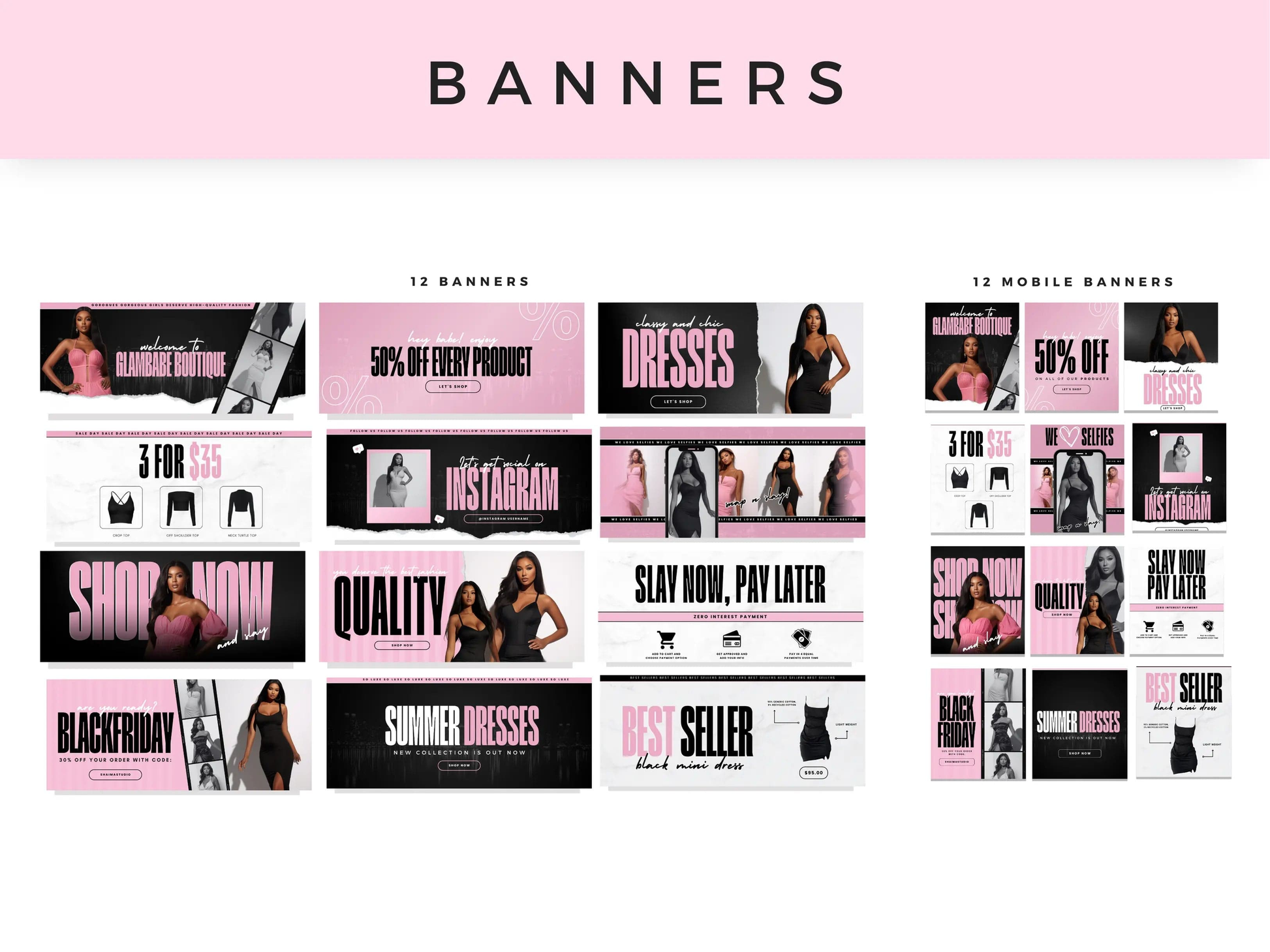 Pink & Black Feminine Fashion Website Banners Design