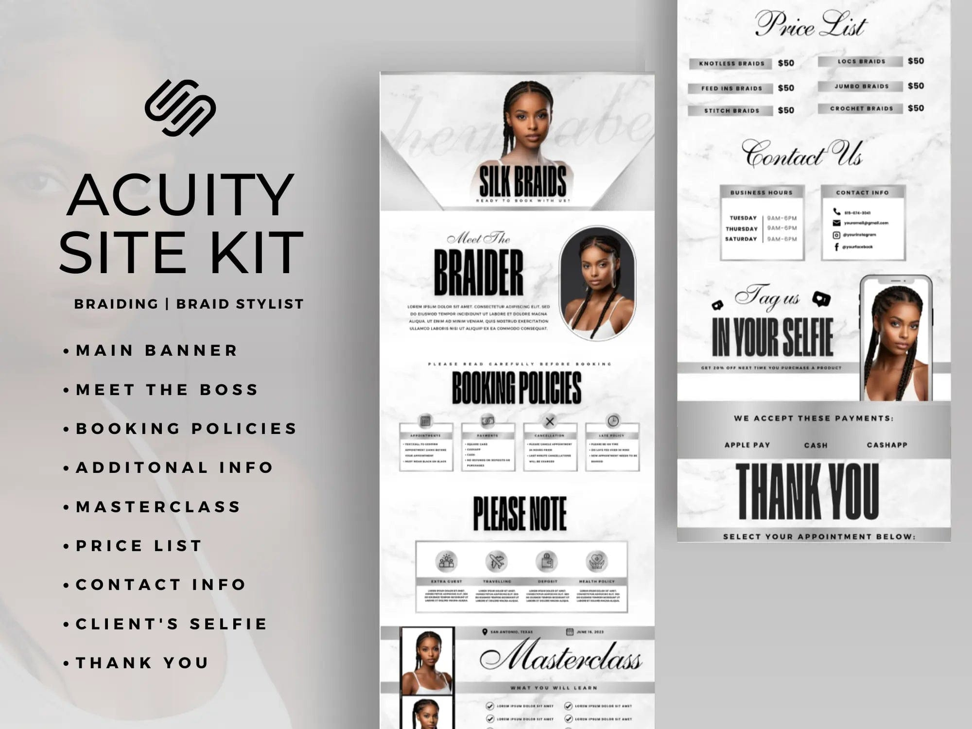 Silver & White Braiding Acuity Scheduling Site - Shaima Studio