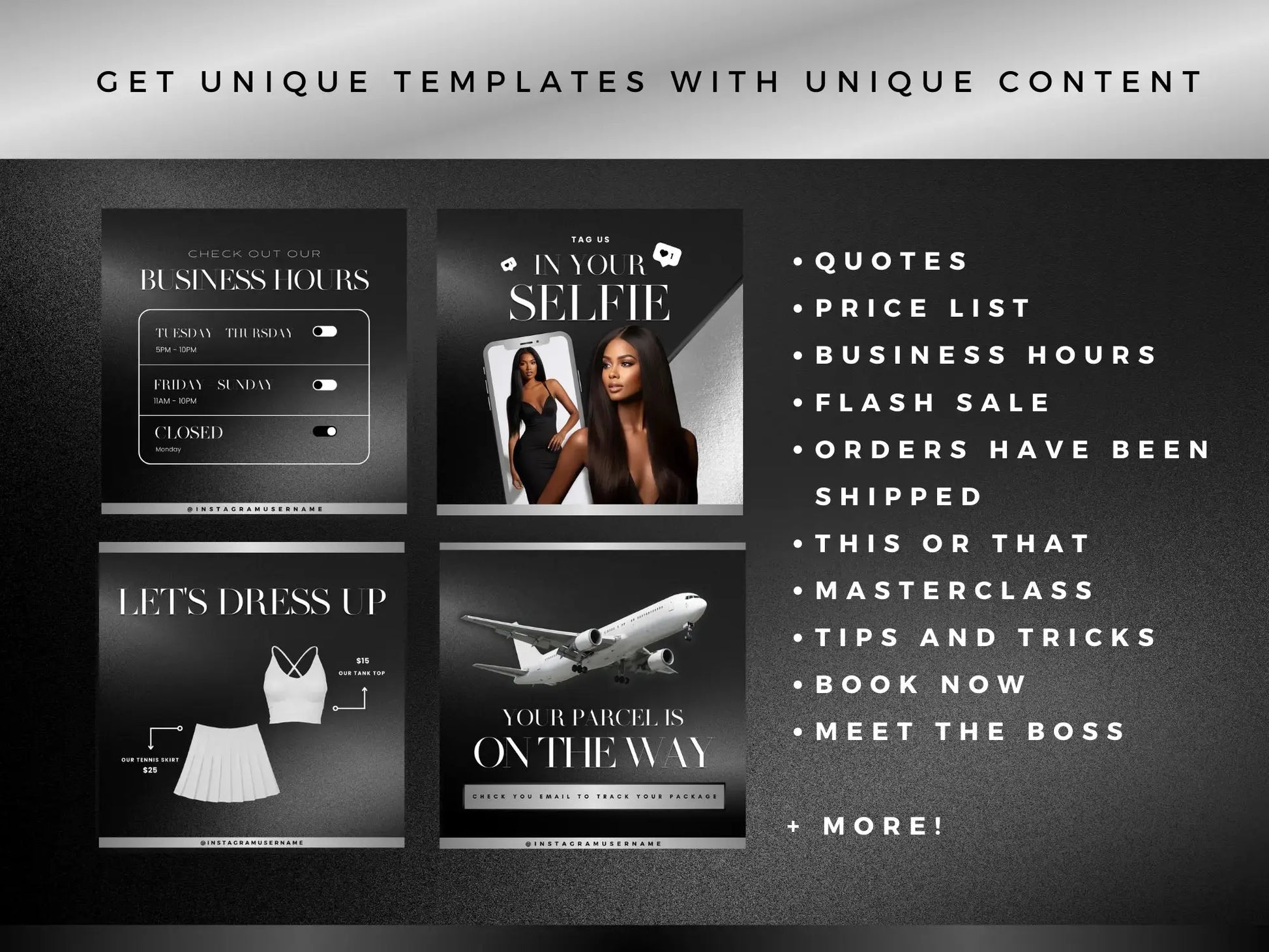 30 Black & Silver Fashion Instagram Kit unique templates