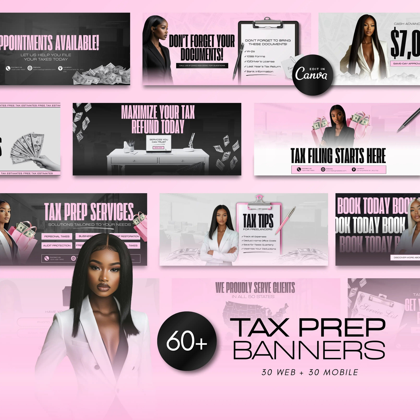 60 Pink Glam Tax Prep Banners | Modern Accountant Marketing Templates