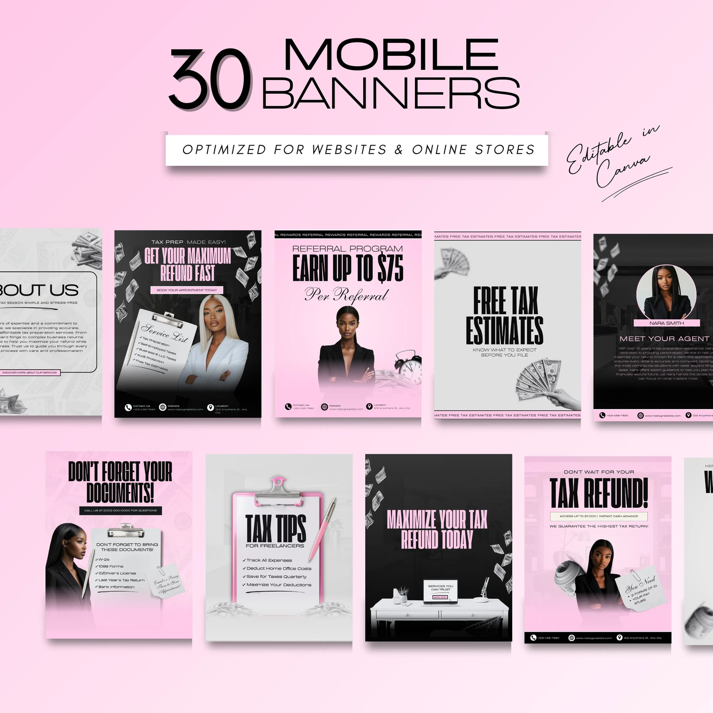 60 Pink Glam Tax Prep Banners | Modern Accountant Marketing Templates