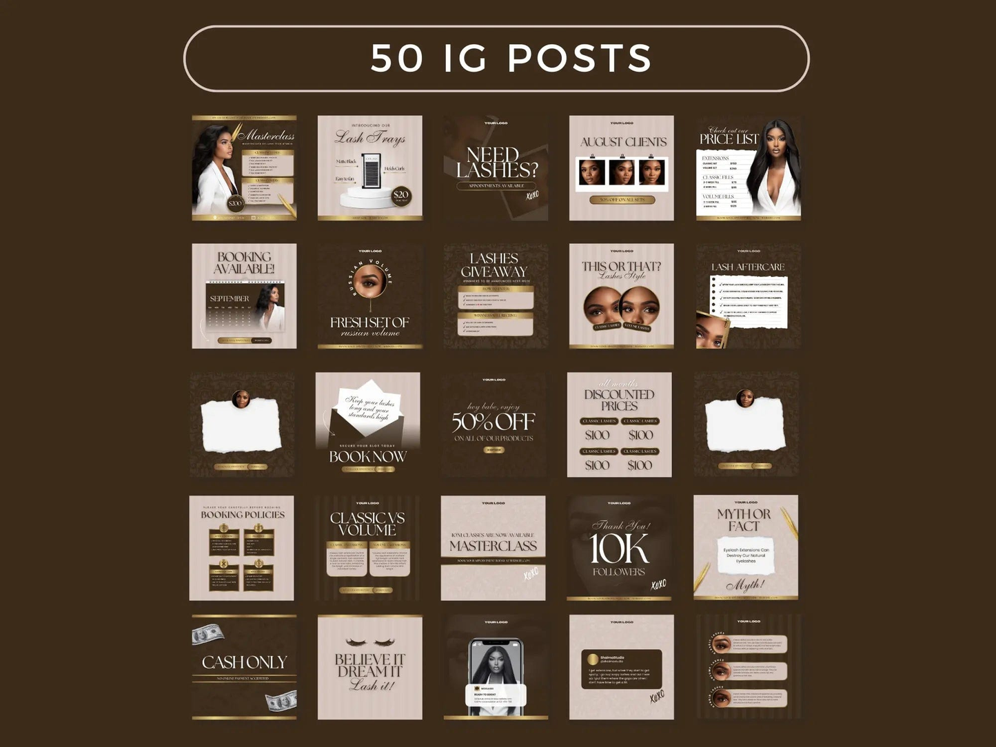 Brown & Gold Lash Tech Instagram Kit - Shaima Studio