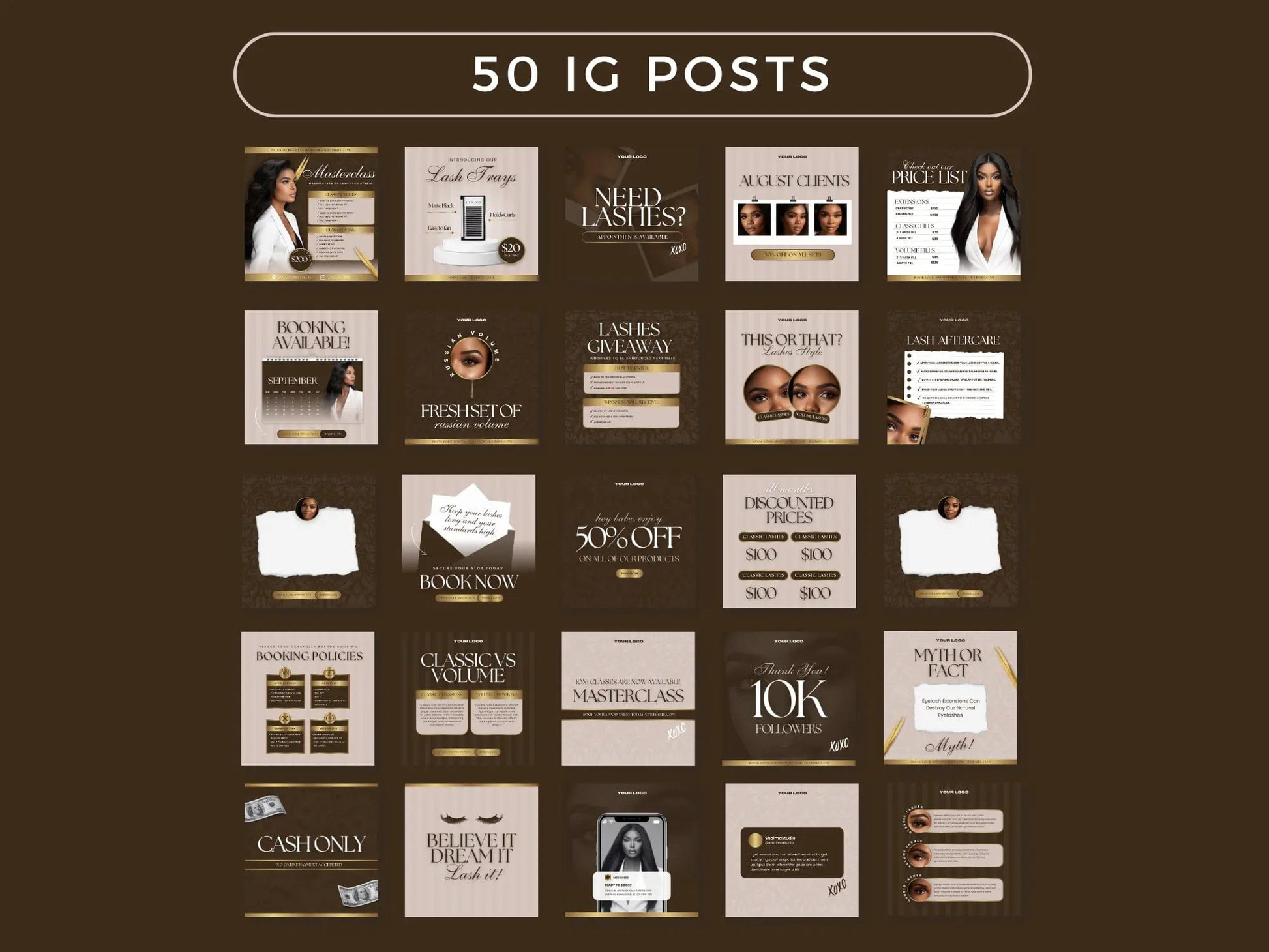 Brown & Gold Lash Tech Instagram Kit - Shaima Studio