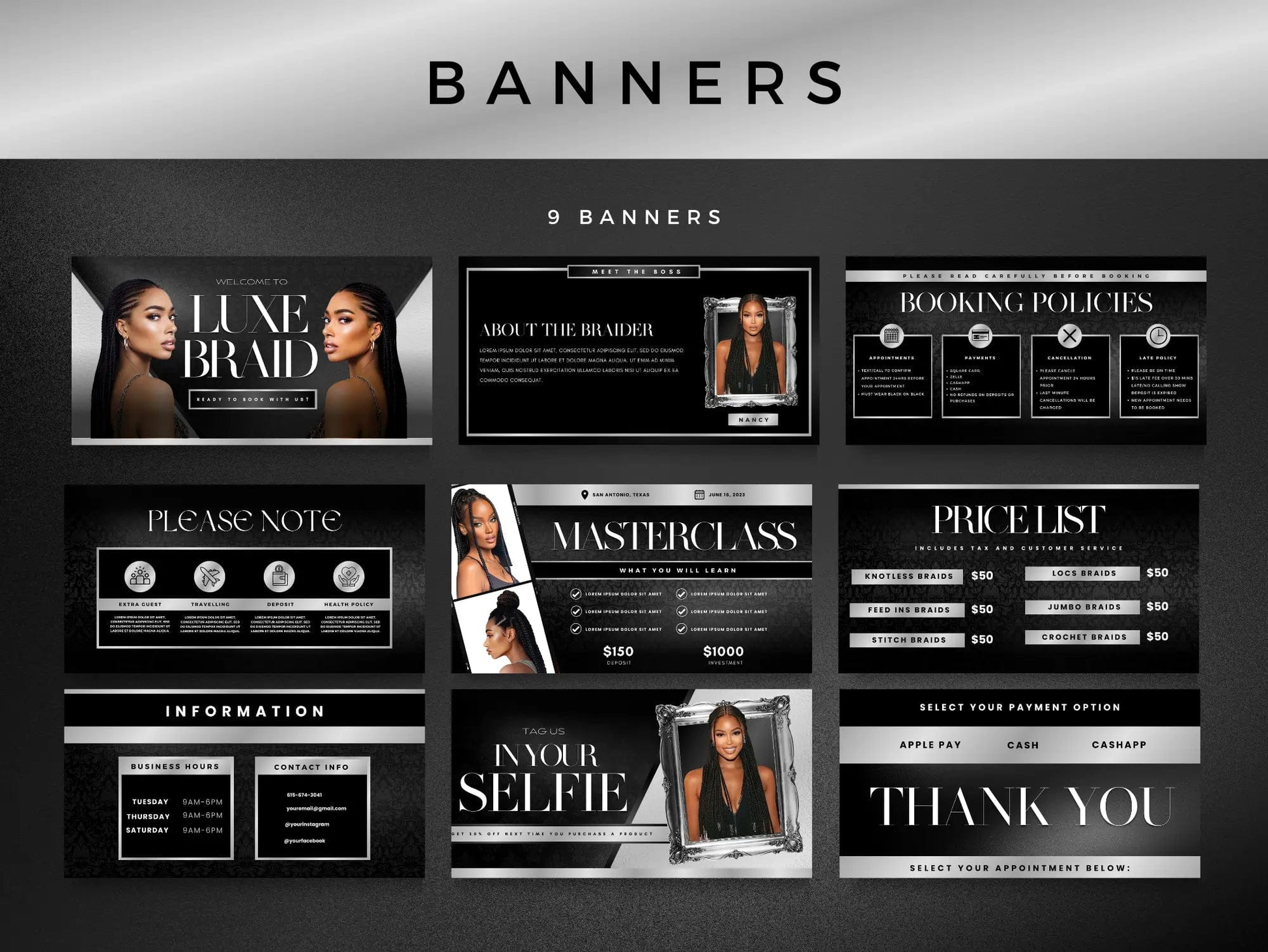 Silver & Black Braiding Acuity Scheduling Site - Shaima Studio