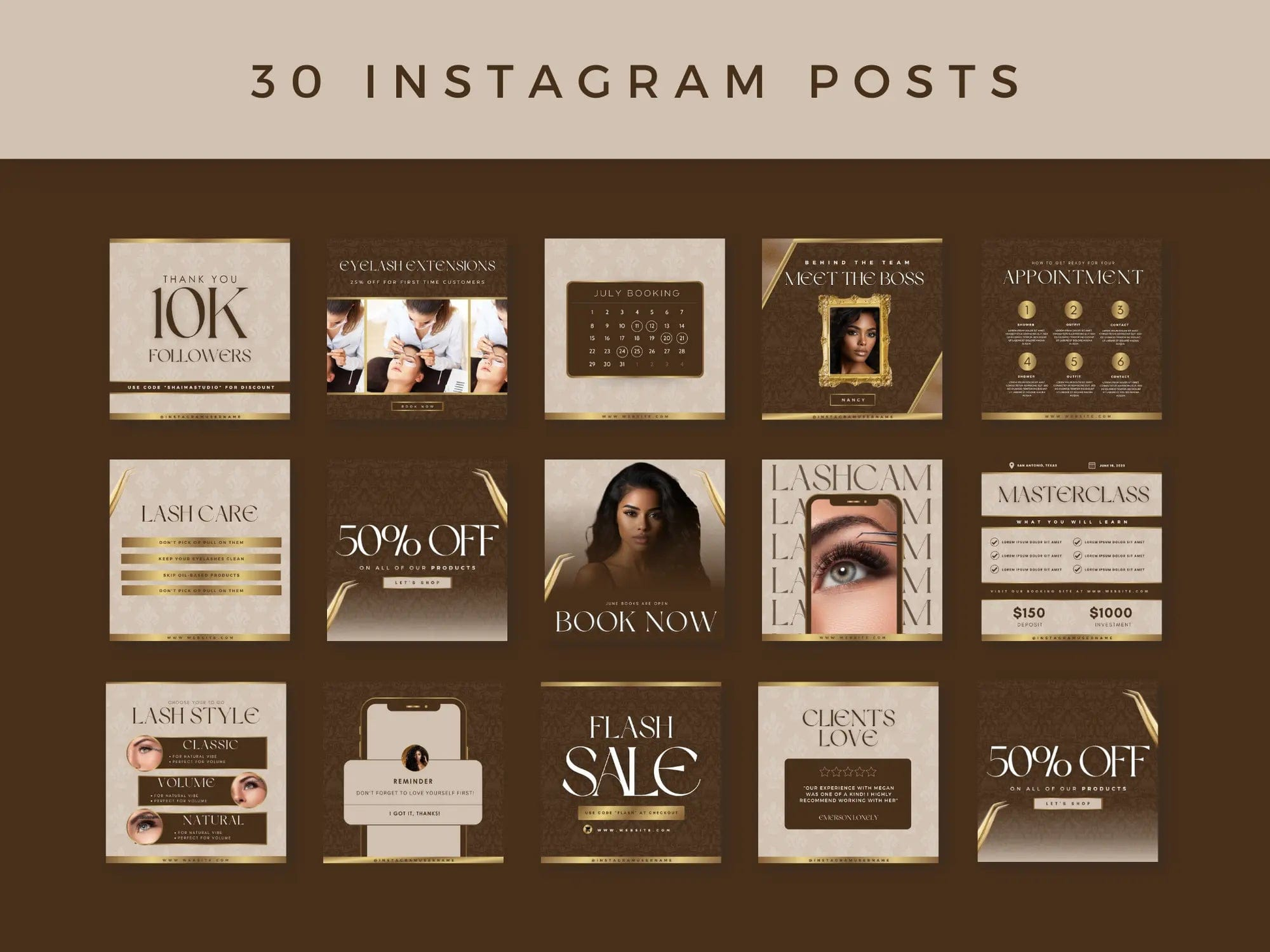 Gold & Brown Lash Tech Instagram Kit - Shaima Studio