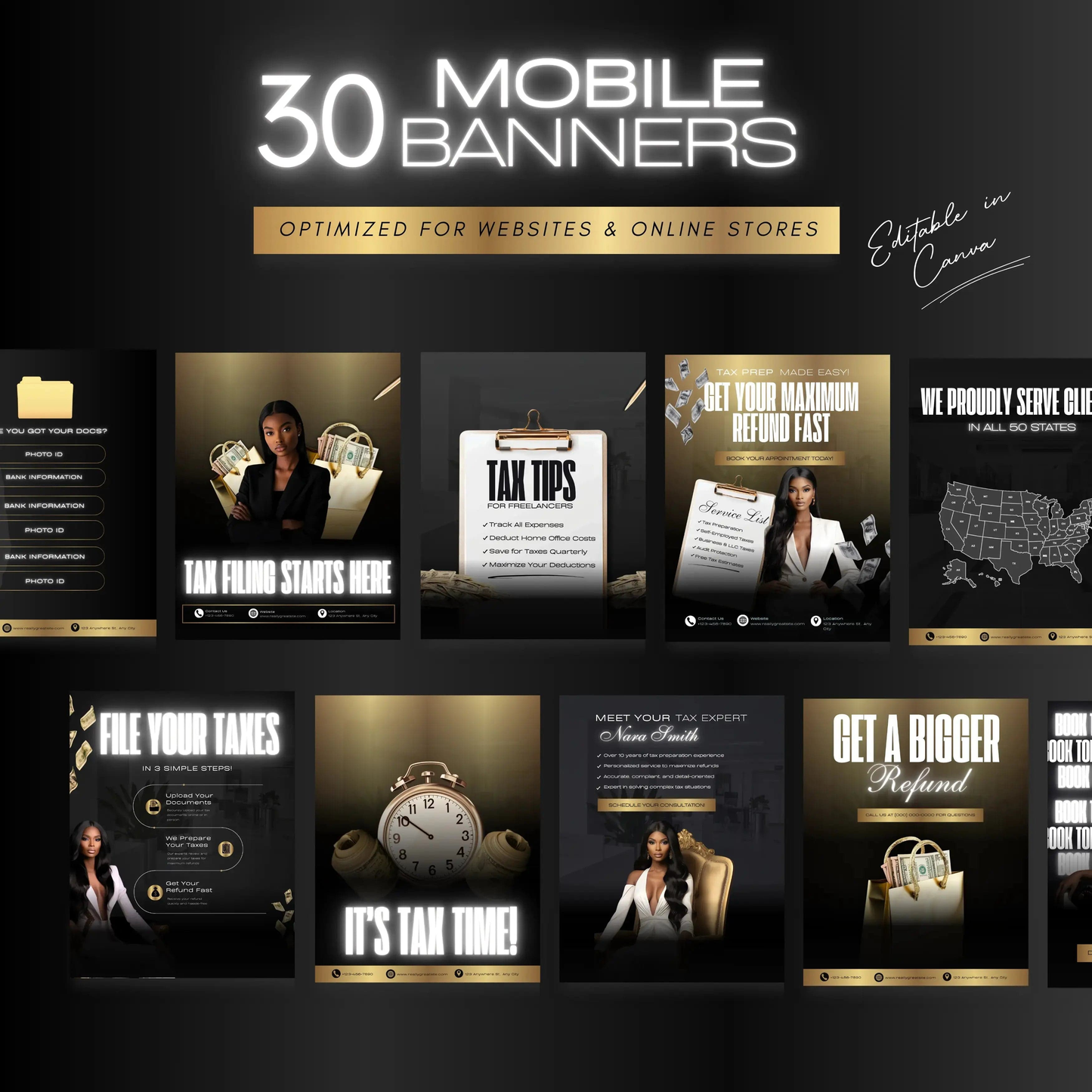 60 Black and Gold Professional Tax Prep Banners Canva Templates | Elite Accountant Web Banners