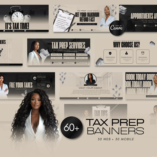 60 Professional Black and Grey Tax Prep Banners Canva Templates | Accountant Web & Mobile Banners