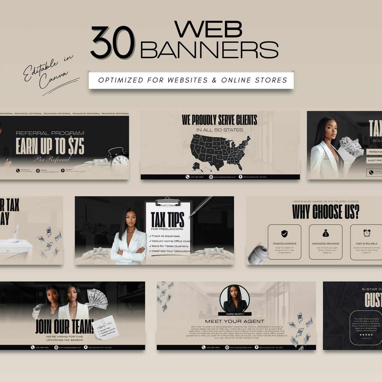 60 Professional Black and Grey Tax Prep Banners Canva Templates | Accountant Web & Mobile Banners