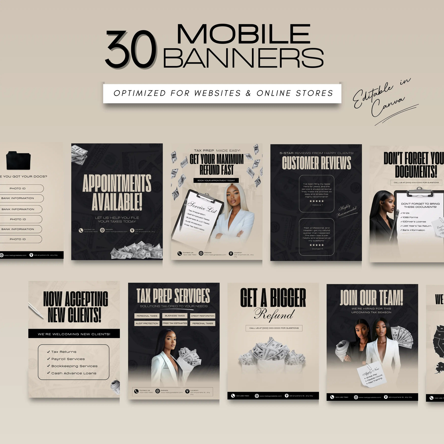 60 Professional Black and Grey Tax Prep Banners Canva Templates | Accountant Web & Mobile Banners
