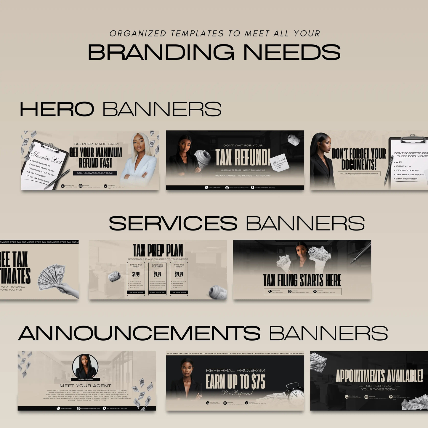60 Professional Black and Grey Tax Prep Banners Canva Templates | Accountant Web & Mobile Banners