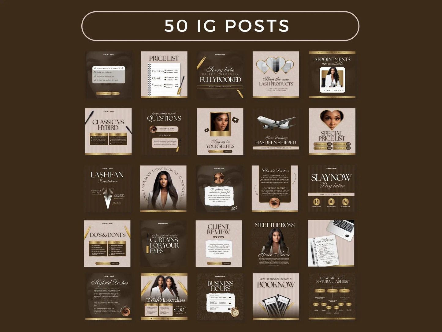 Brown & Gold Lash Tech Instagram Kit - Shaima Studio