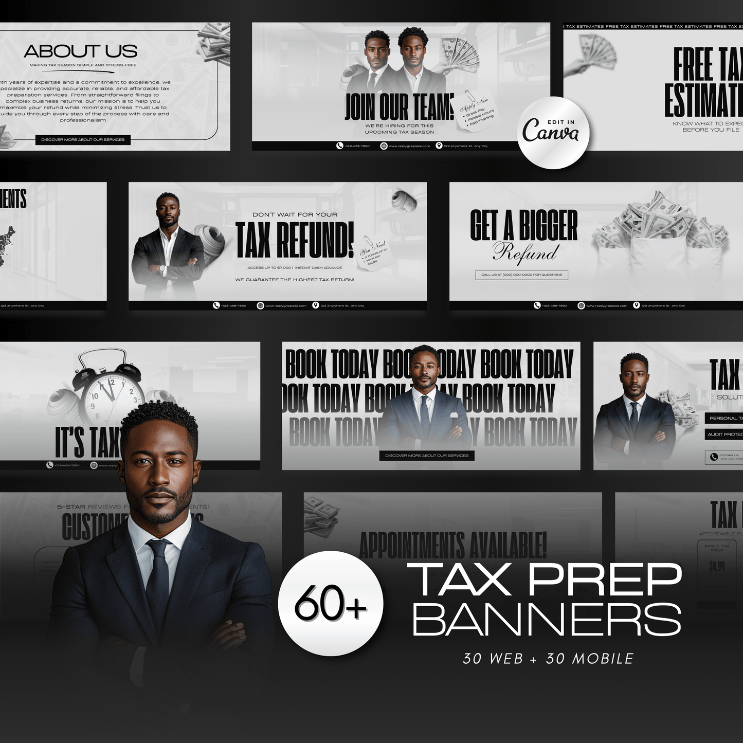 60 Professional Black and White Tax Prep Banners Canva Templates | Modern Accountant Web Banners