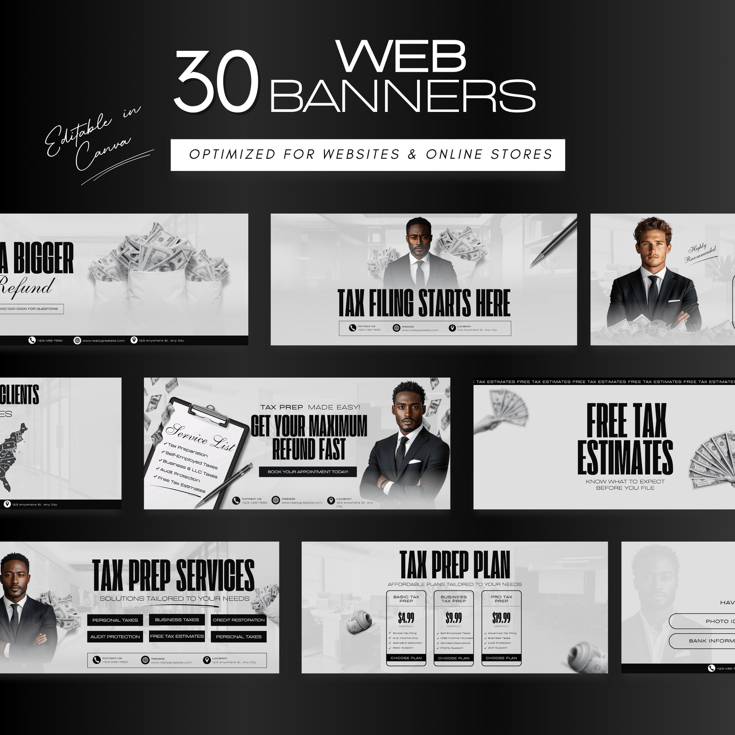 60 Professional Black and White Tax Prep Banners Canva Templates | Modern Accountant Web Banners