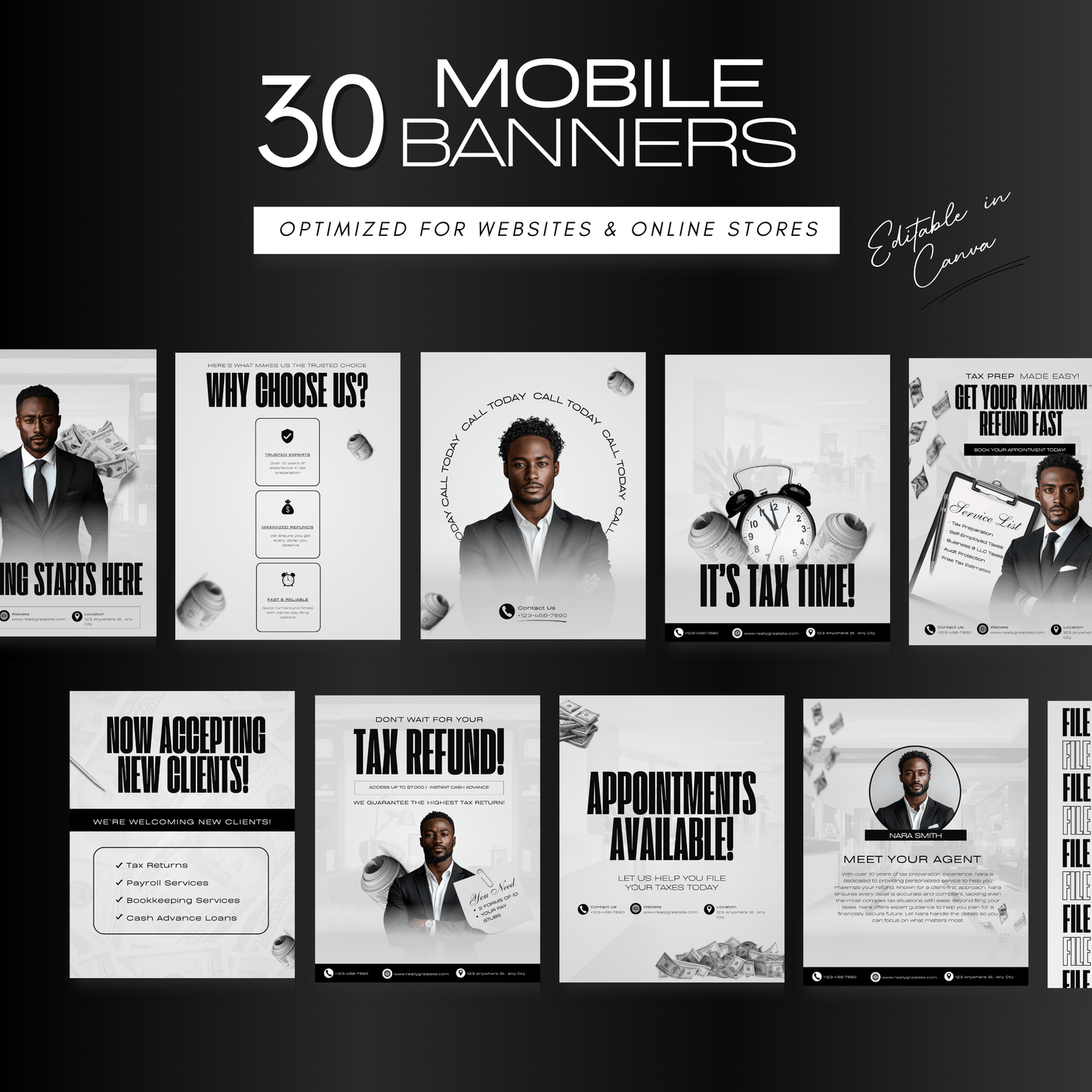 60 Professional Black and White Tax Prep Banners Canva Templates | Modern Accountant Web Banners