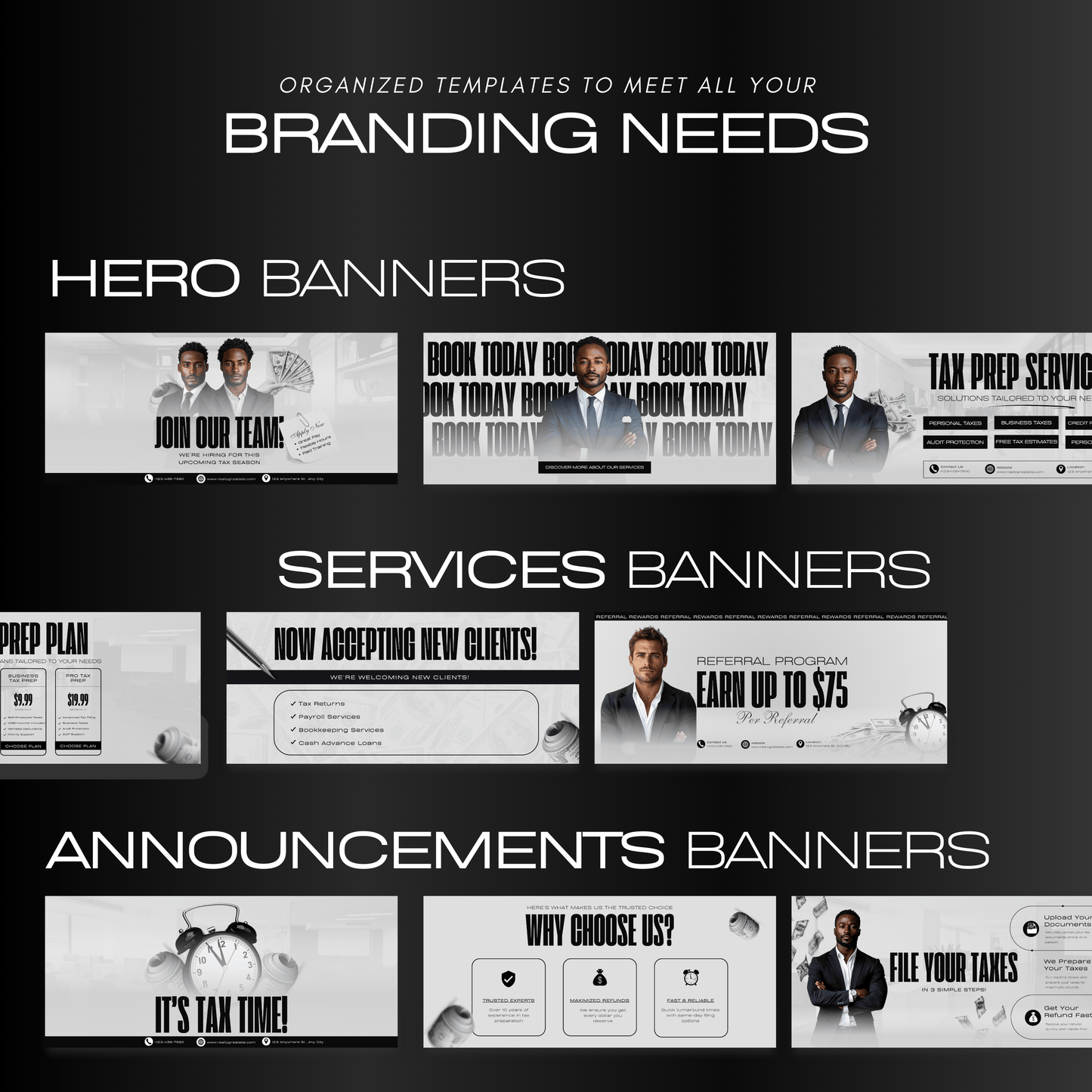 60 Professional Black and White Tax Prep Banners Canva Templates | Modern Accountant Web Banners