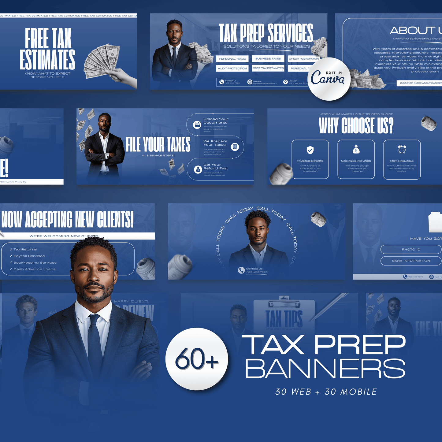 60 Corporate Blue Professional Tax Prep Banners Canva Templates | Accountant Web & Mobile Banners