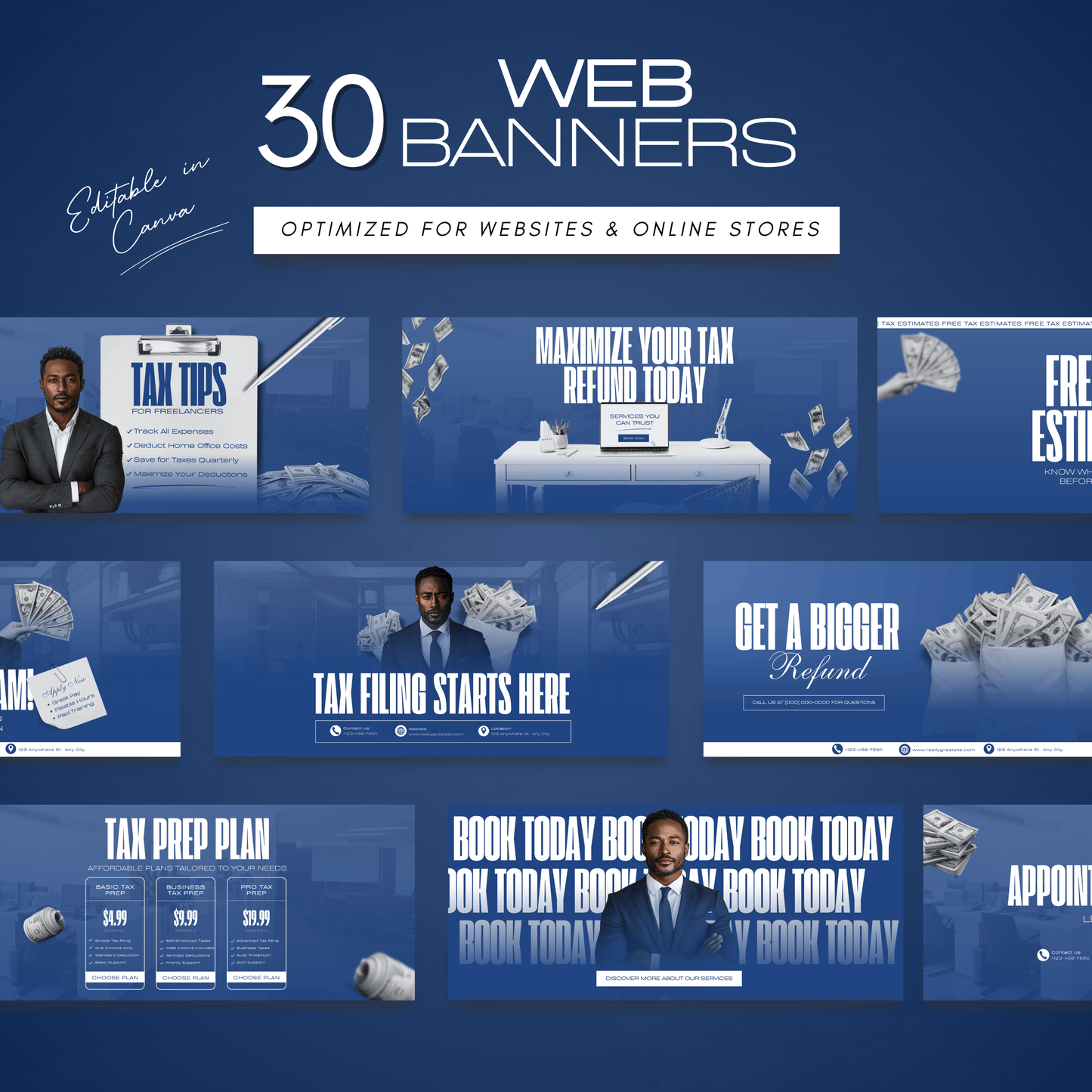 60 Corporate Blue Professional Tax Prep Banners Canva Templates | Accountant Web & Mobile Banners