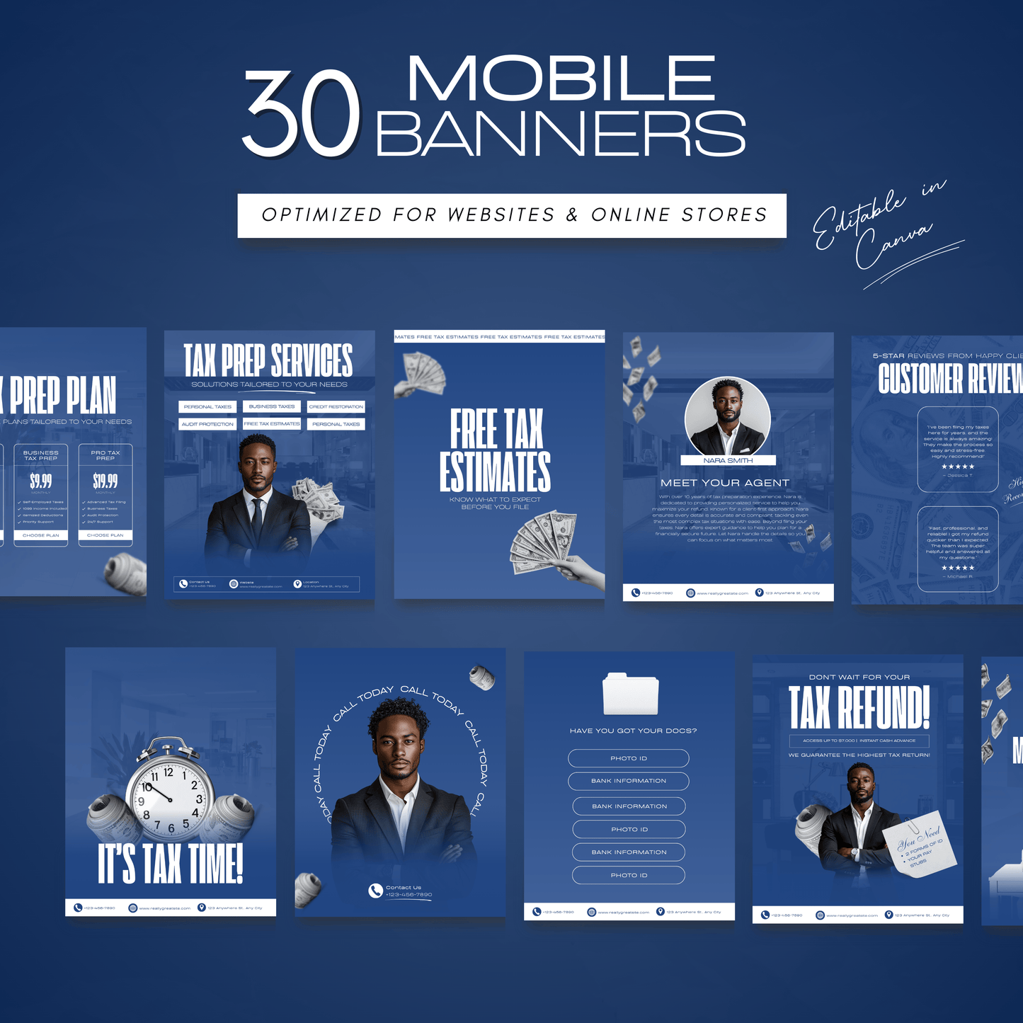 60 Corporate Blue Professional Tax Prep Banners Canva Templates | Accountant Web & Mobile Banners