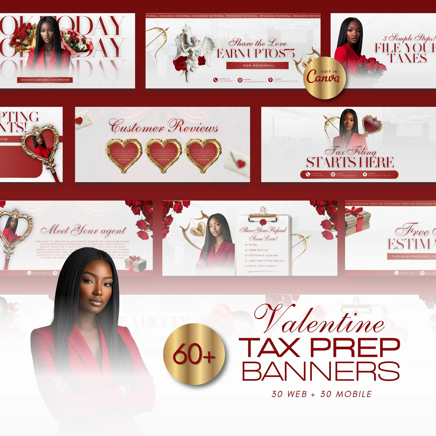 Valentine Tax Prep Banners Canva Templates | Professional Red and Gold Accountant Web Banners