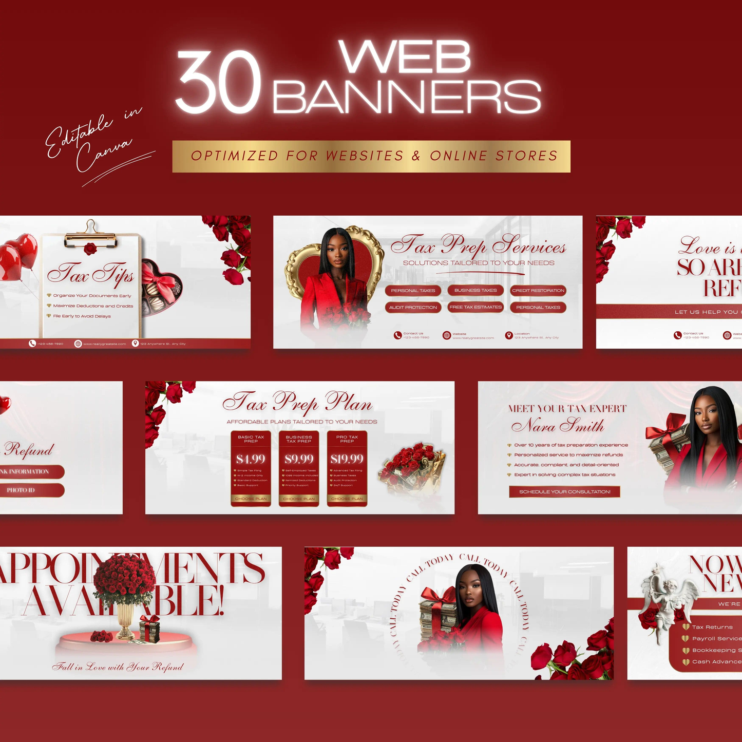 Valentine Tax Prep Banners Canva Templates | Professional Red and Gold Accountant Web Banners