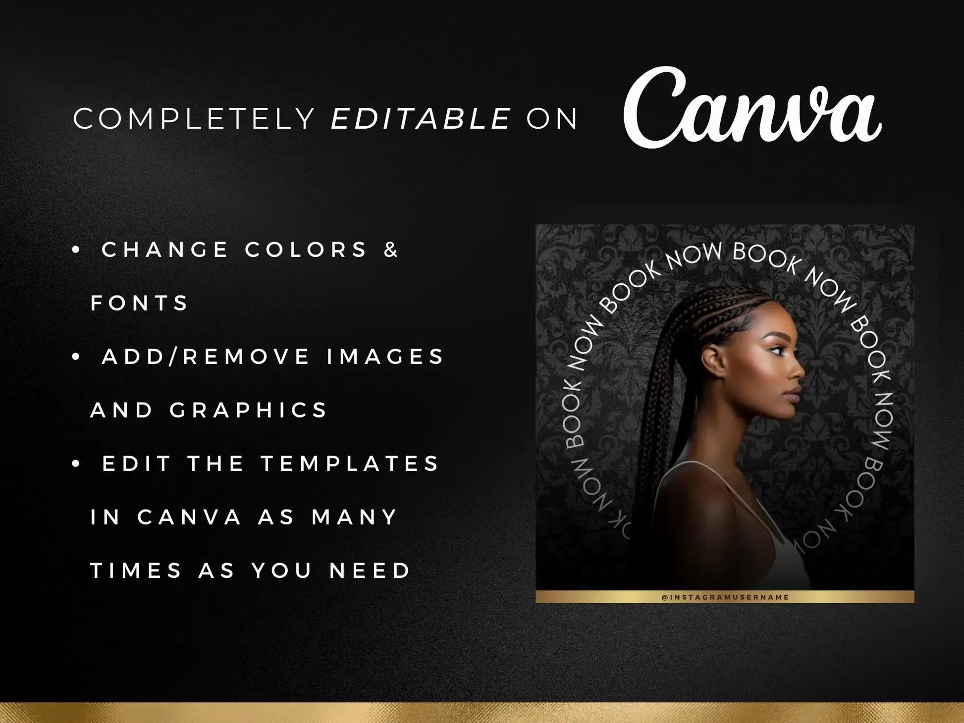 Black & Gold Braiding Instagram Kit editable on canva