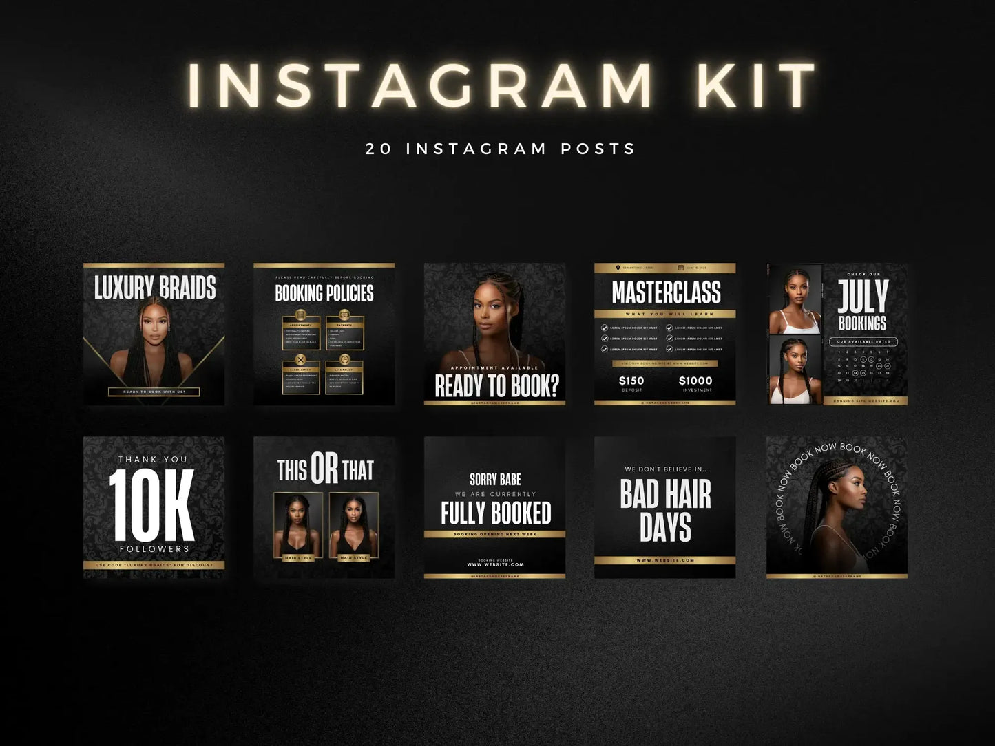 Black & Gold Braiding Instagram Kit 20 instagram posts