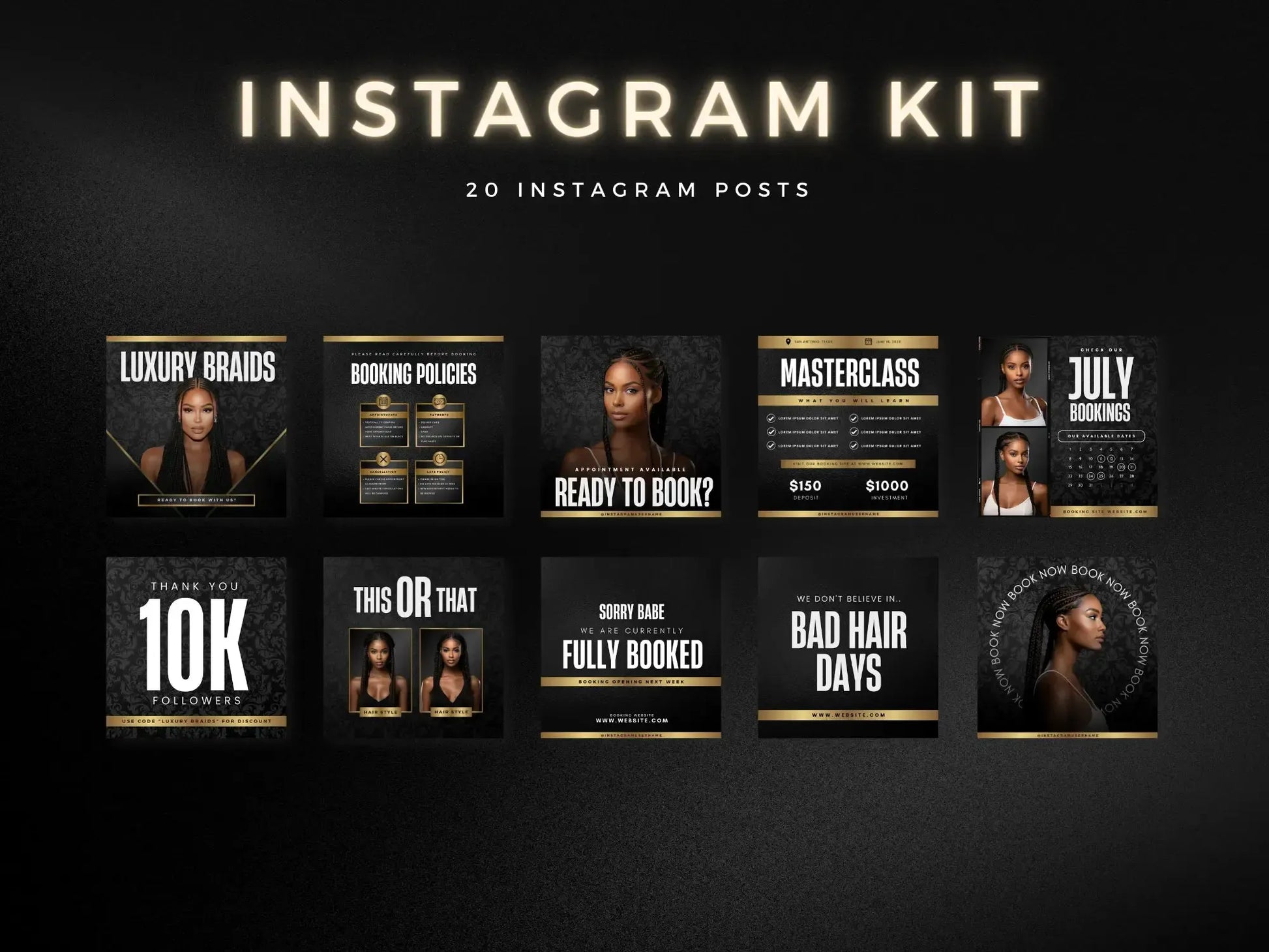 Black & Gold Braiding Instagram Kit 20 instagram posts