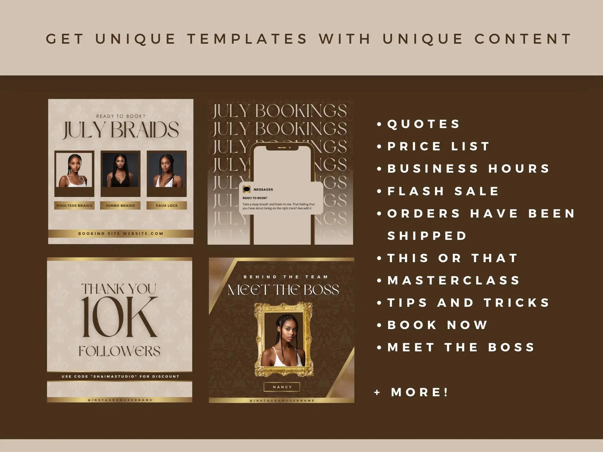 Brown Gold Braiding Instagram Kit unique templates