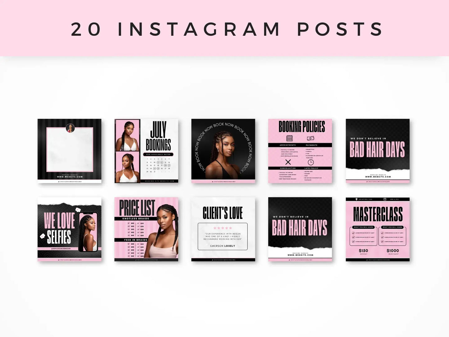 Pink Braiding Instagram Kit 20 instagram posts