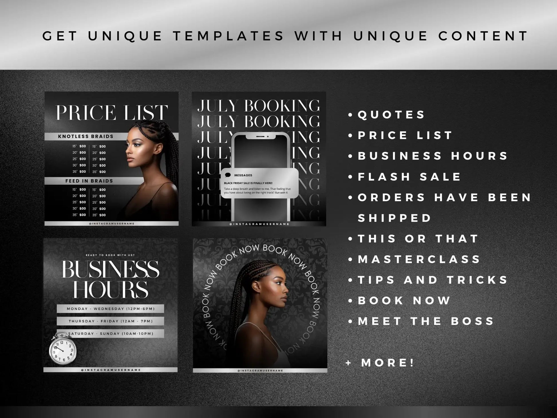 Silver Black Braiding Instagram Kit unique templates