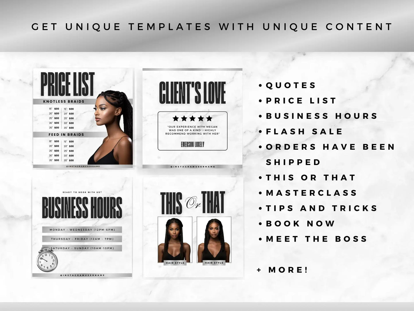 Silver White Braiding Instagram Kit unique templates