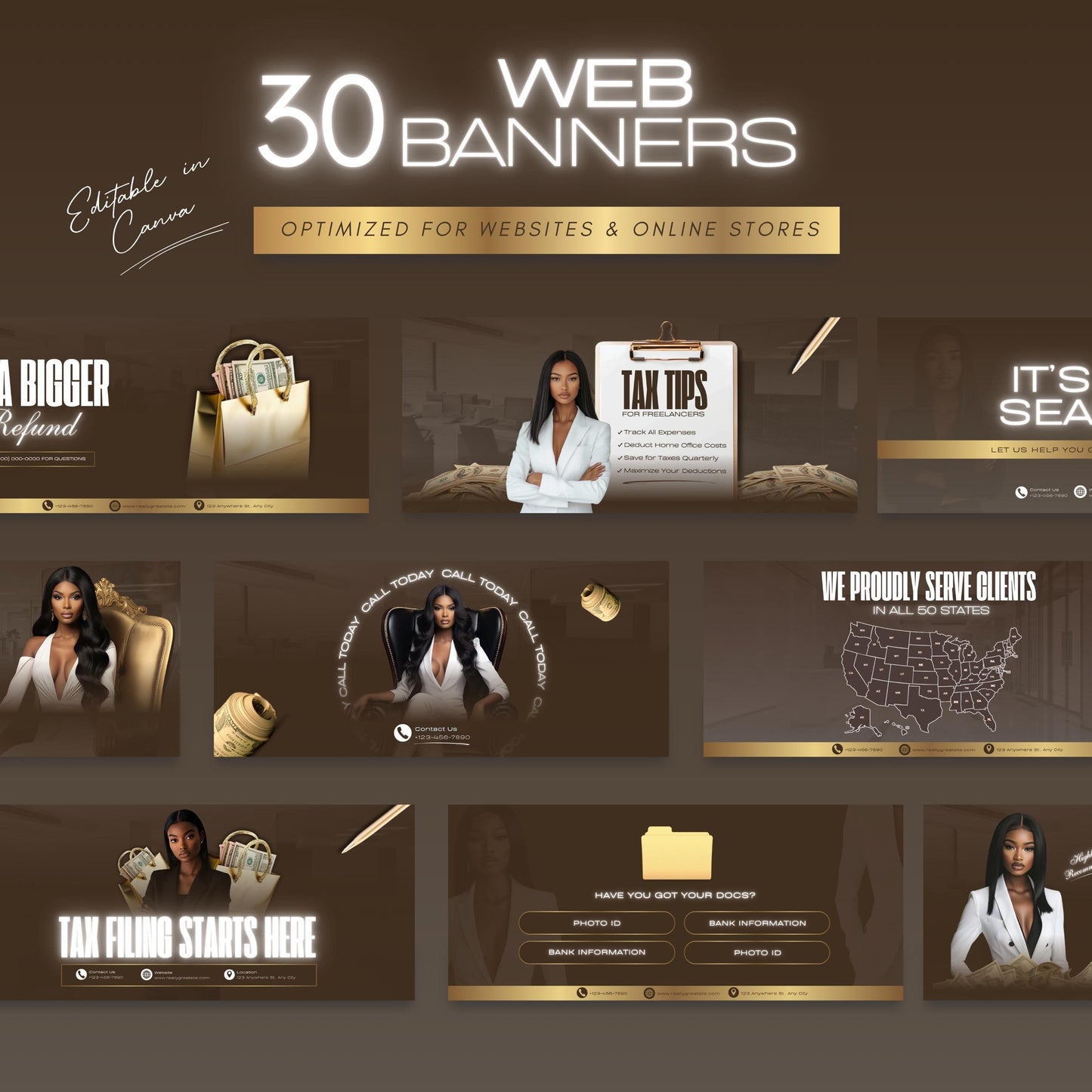 60 Professional Coffee and Gold Tax Prep Banners Canva Templates | Elite Accountant Web Banners