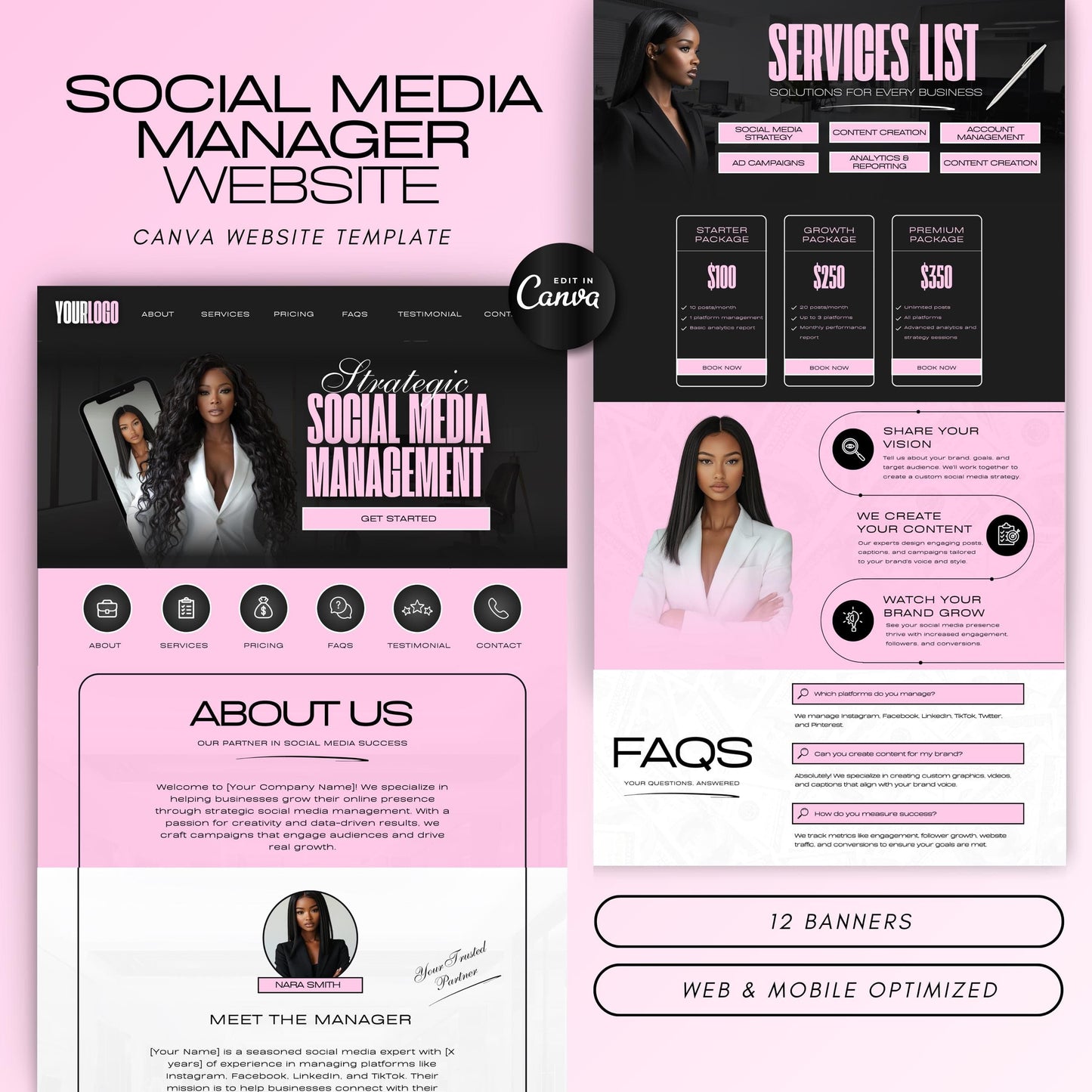 Social Media Management Website Template – Web & Mobile-Optimized Canva Template for Social Media Managers (Editable, No Code)